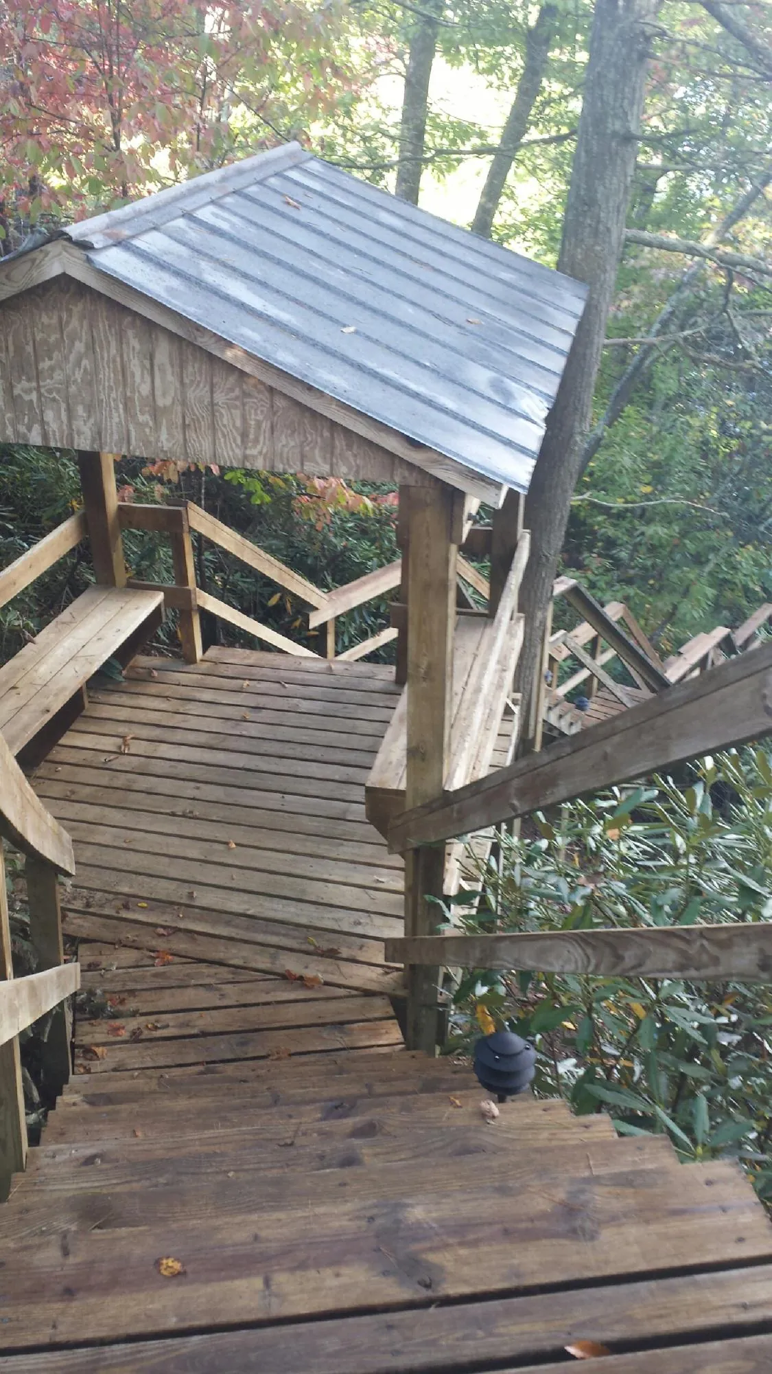 Metal roofed shelter over wooden steps on a wooded walkway — Skylight Repair & Installation work by our crew in San Bruno